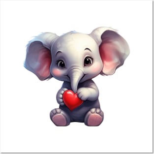 Valentine Elephant Holding Heart Posters and Art